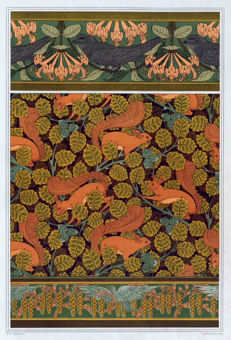 Maurice Pillard Verneuil - Martinets et chèvrefeuille, bordure. Écureuils et noisetier, papier peint. Oiseaux et noisetier en fleur, bordure.
