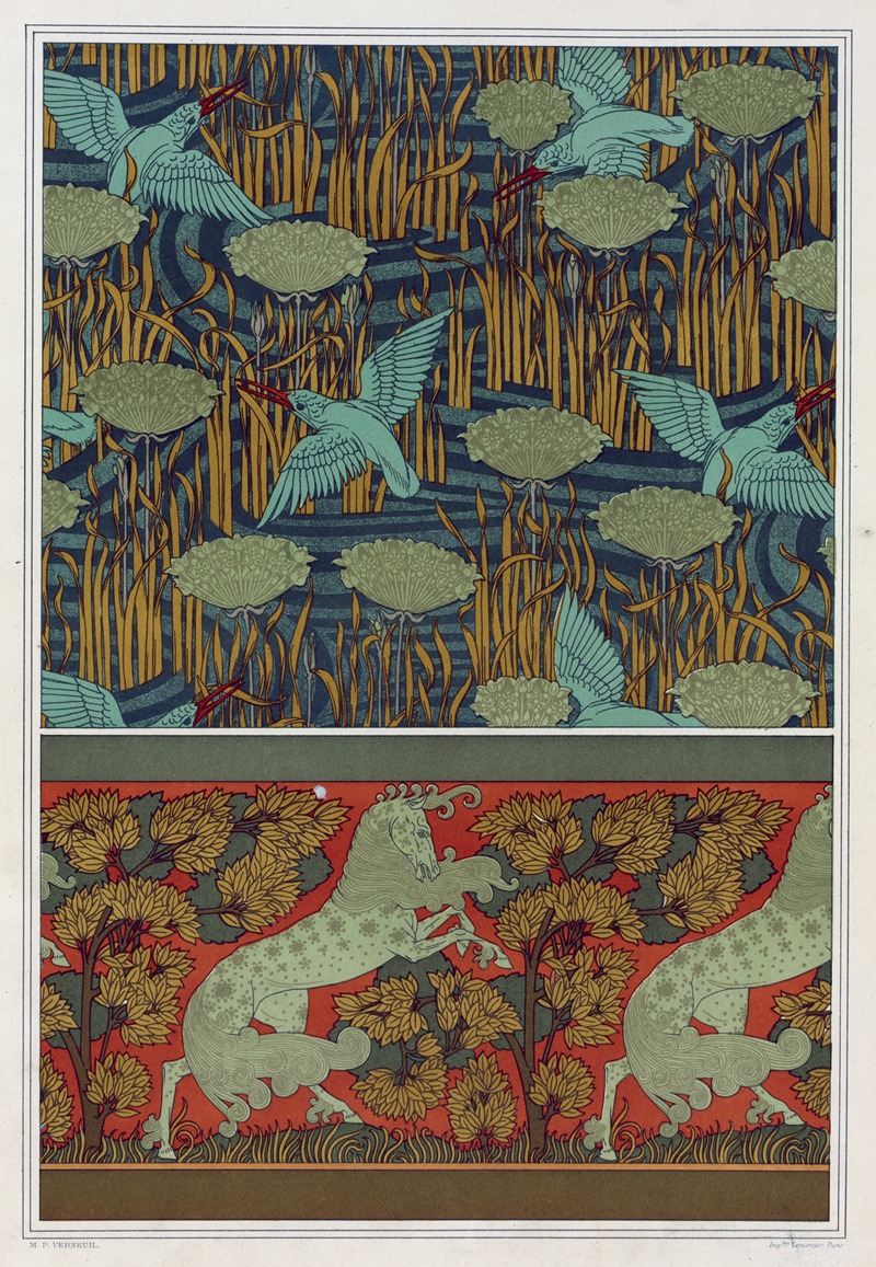 Maurice Pillard Verneuil - Martins-pêcheurs et butome en ombelle, papier peint. Chevaux et arbres, bordure.