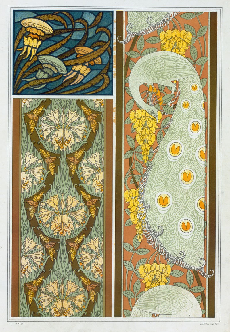 Maurice Pillard Verneuil - Méduses et algues, vitrail. Cigales et lis, paons et cytise, bordures.