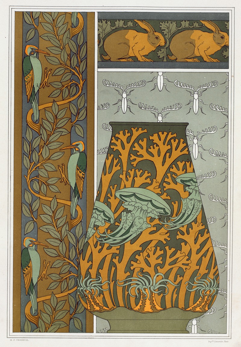 Maurice Pillard Verneuil - Piverts et arbre, bordure verticale. Lapins et feuilles, bordure. Méduses, anémones de mer et algues, vase. Insectes, jeu de fond.