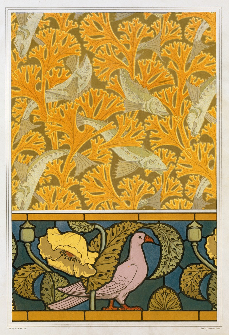 Maurice Pillard Verneuil - Poisson et algues, papier peint; pigeon et pavots, bordure de vitrail