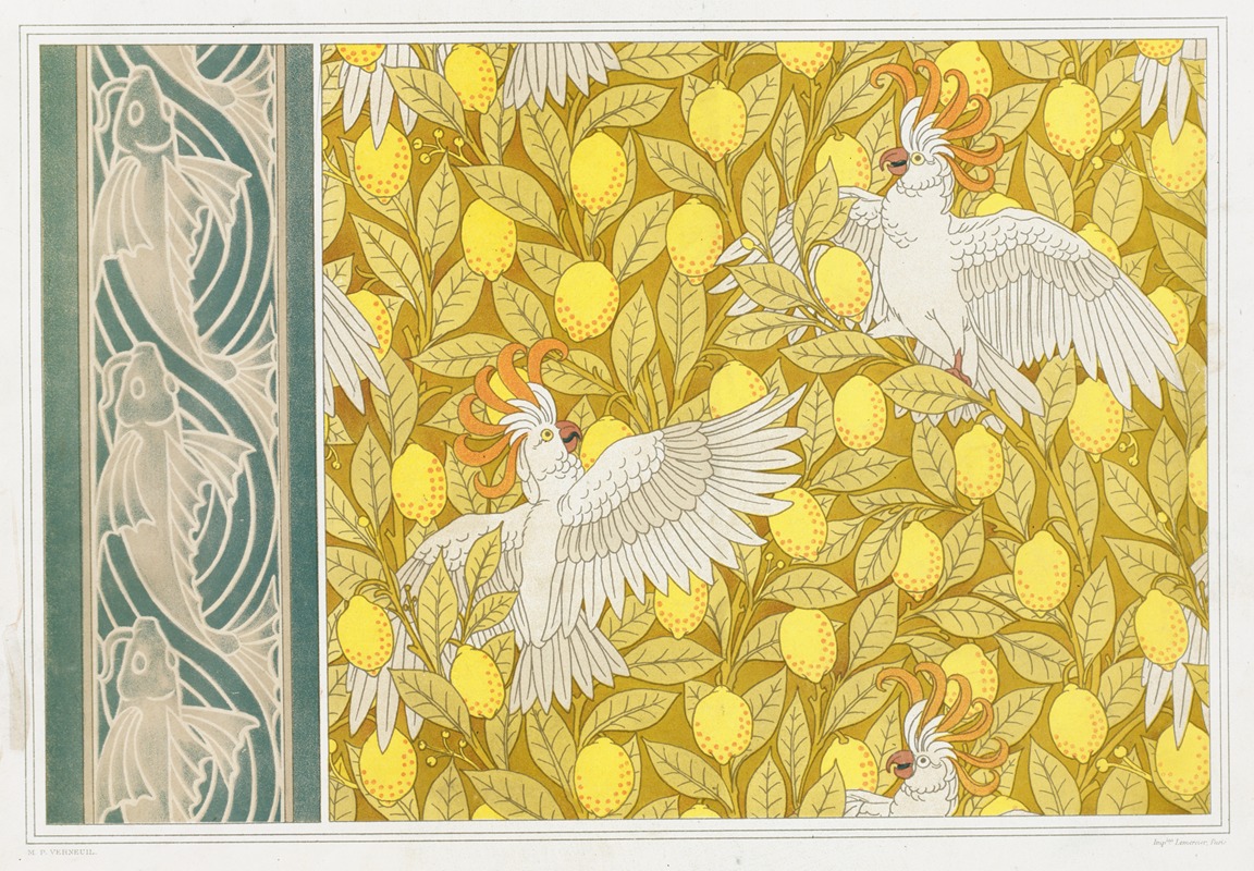 Maurice Pillard Verneuil - Poissons, frise au pochoir. Cacatoës et citrons, cretonne.