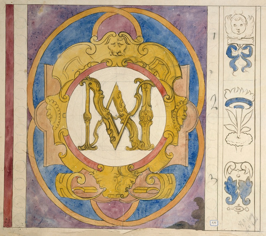 Prosper Lafaye - Relevé d’un panneau de vitrail du XVIIe siècle orné d’un monogramme