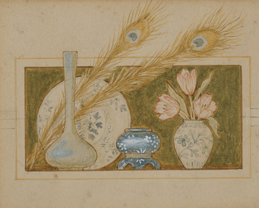 John George Sowerby - Vignette of two peacock feathers and china
