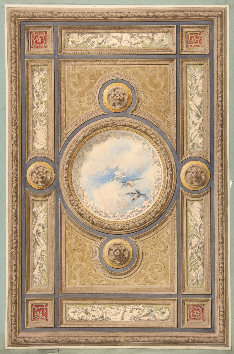 Jules-Edmond-Charles Lachaise - Design for a carved and painted ceiling with clouds and ducks in the central circular panel
