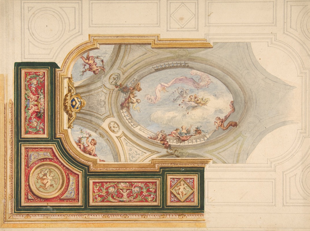 Jules-Edmond-Charles Lachaise - Design for a ceiling in Baroque style with a central panel in trompe l’oeil