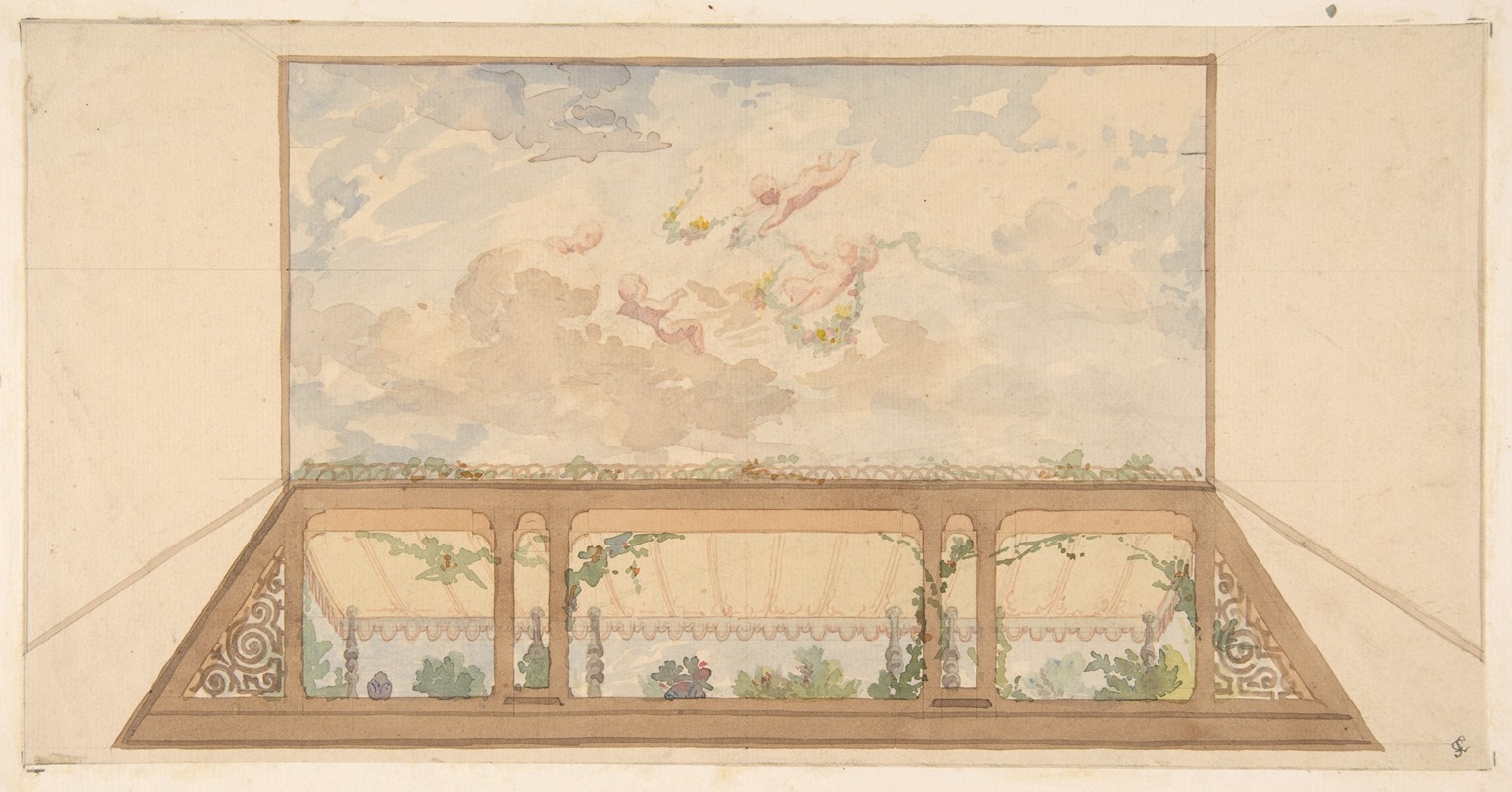 Jules-Edmond-Charles Lachaise - Design for a ceiling painted with a trompe l’oeil awning and putti in clouds