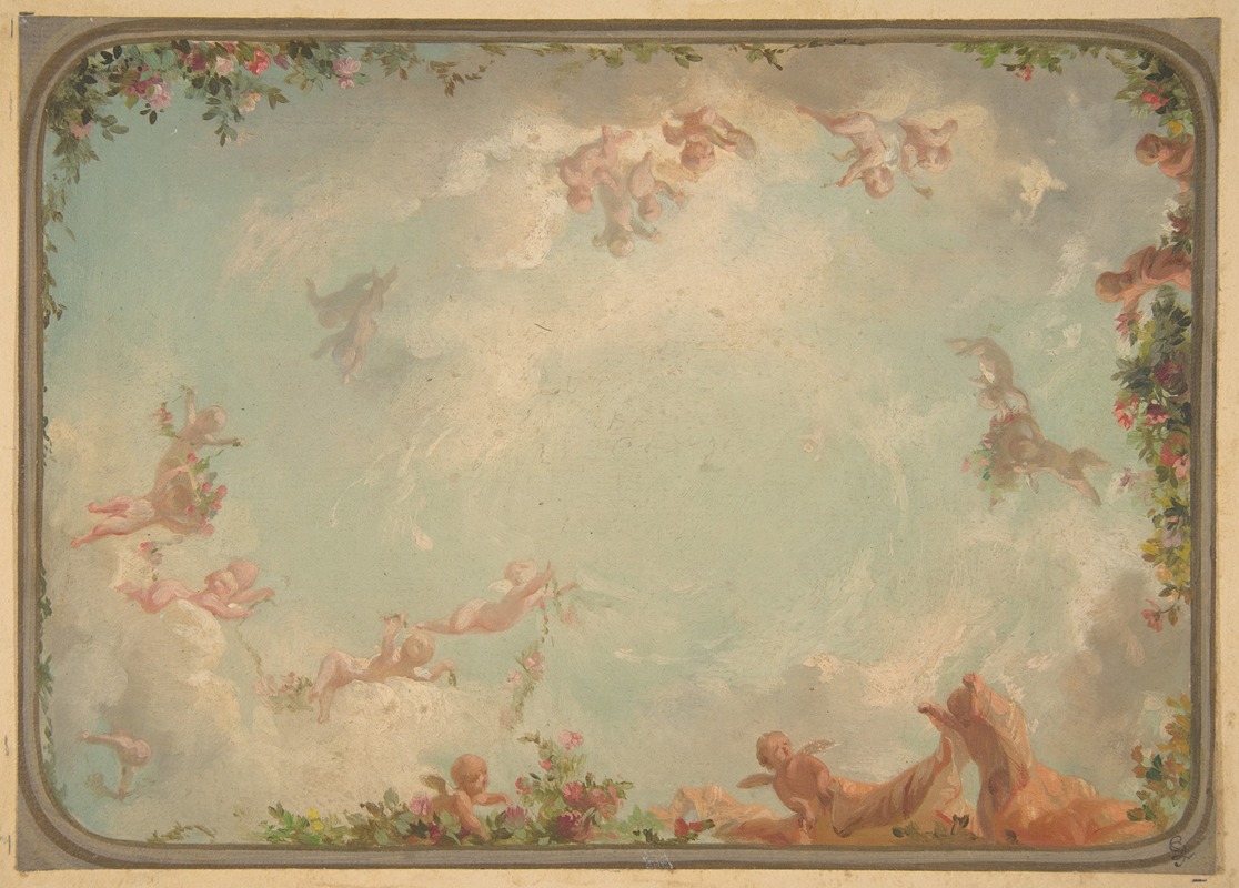 Jules-Edmond-Charles Lachaise - Design for a ceiling painted with putti in clouds with roses