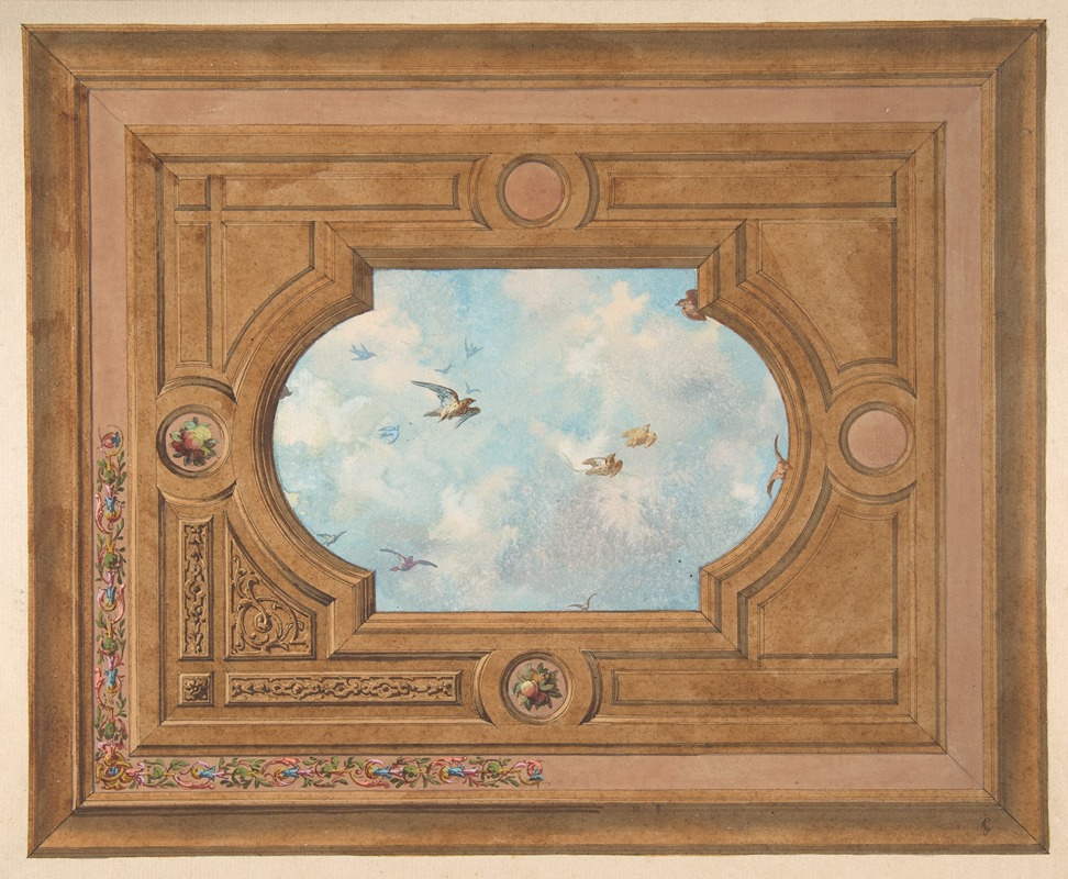 Jules-Edmond-Charles Lachaise - Design for a ceiling with a trompe l’oeil sky filled with birds