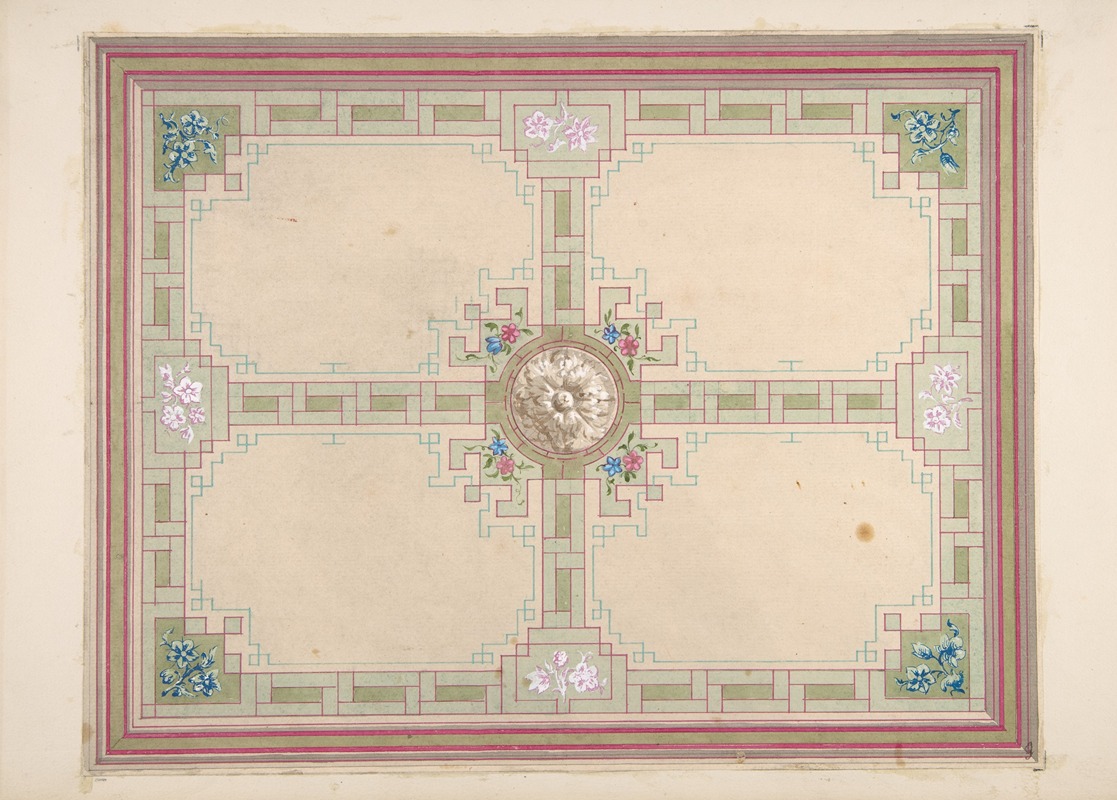 Jules-Edmond-Charles Lachaise - Design for a ceiling with floral accents and Greek key border