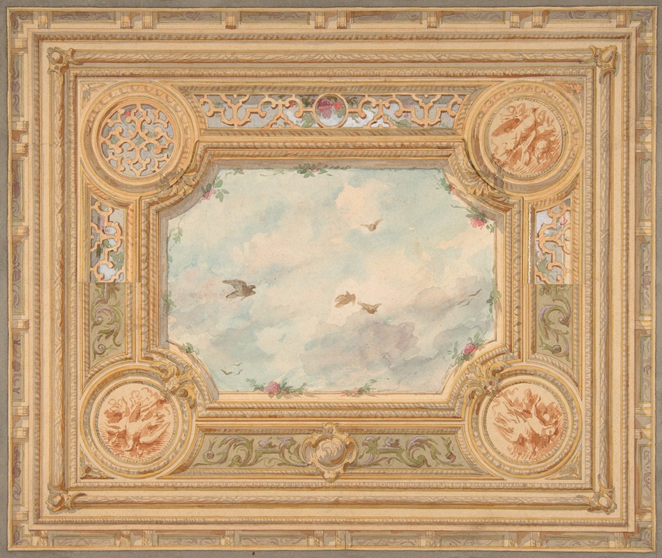 Jules-Edmond-Charles Lachaise - Design for a ceiling with four medallions and sky motif in center