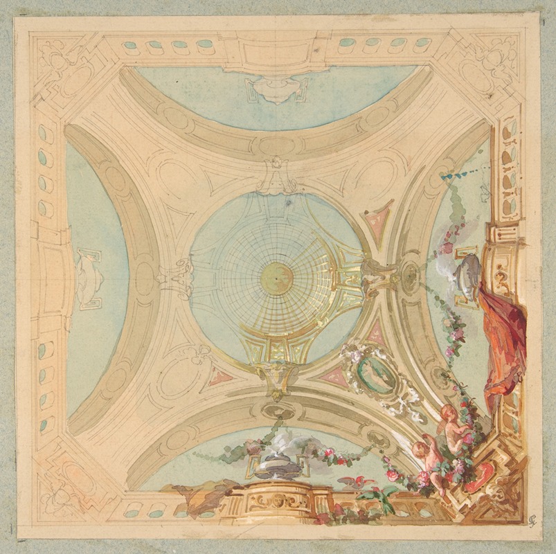 Jules-Edmond-Charles Lachaise - Design for a ceiling with garland bearing putti