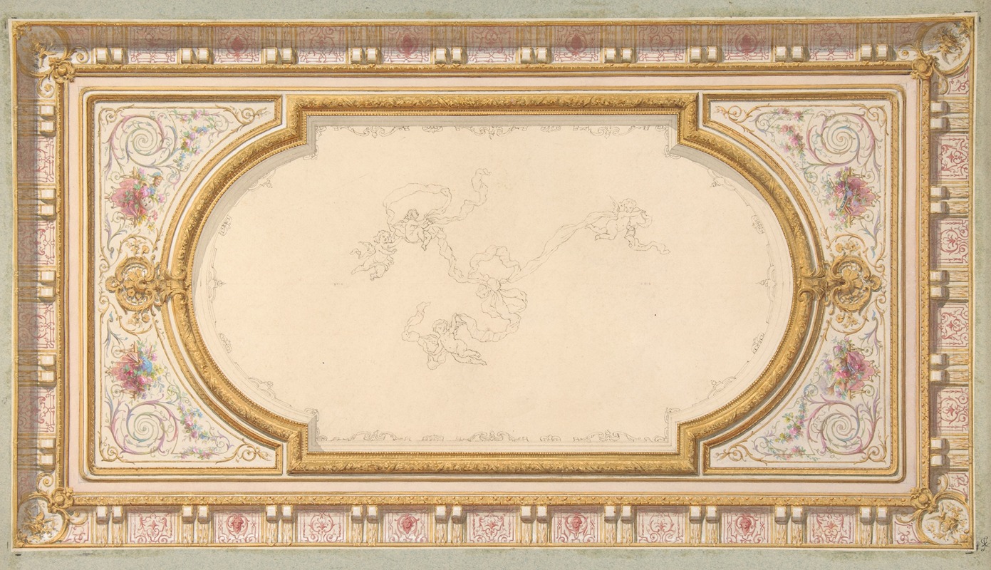 Jules-Edmond-Charles Lachaise - Design for a ceiling with ribbon bearing putti