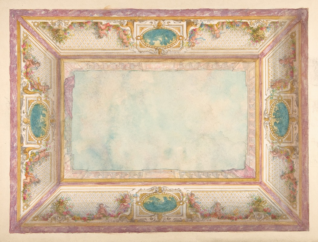 Jules-Edmond-Charles Lachaise - Design for a ceiling with trompe l’oeil balustrade and putti