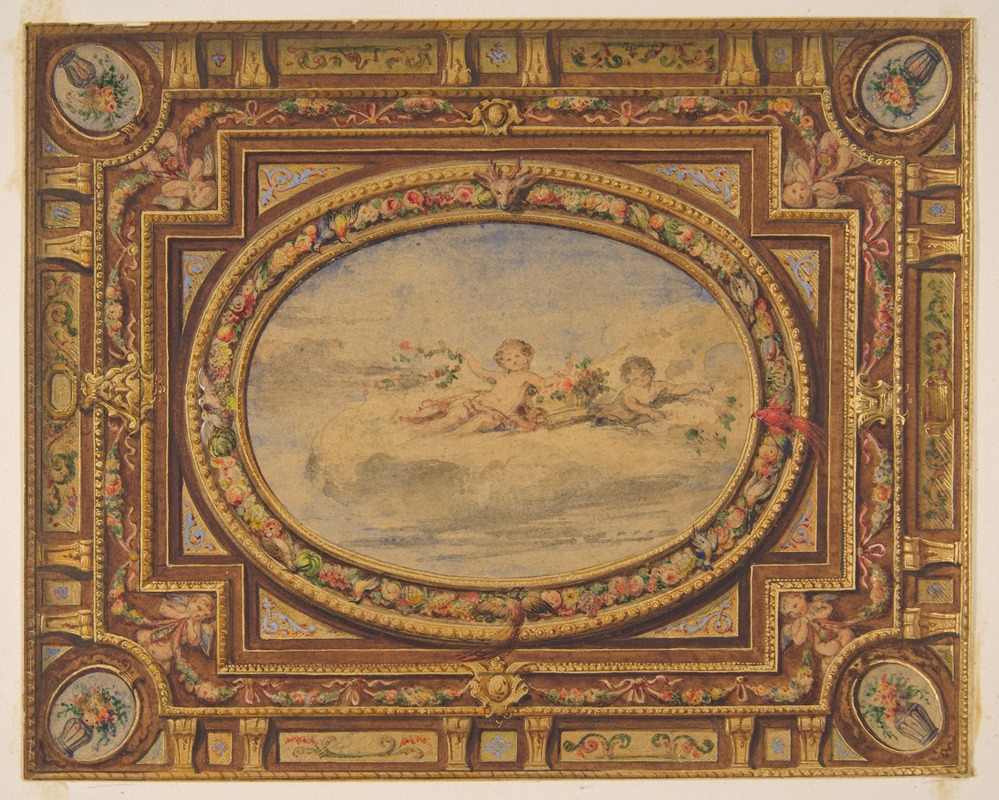 Jules-Edmond-Charles Lachaise - Design for a painted ceiling with putti on clouds in a central oval