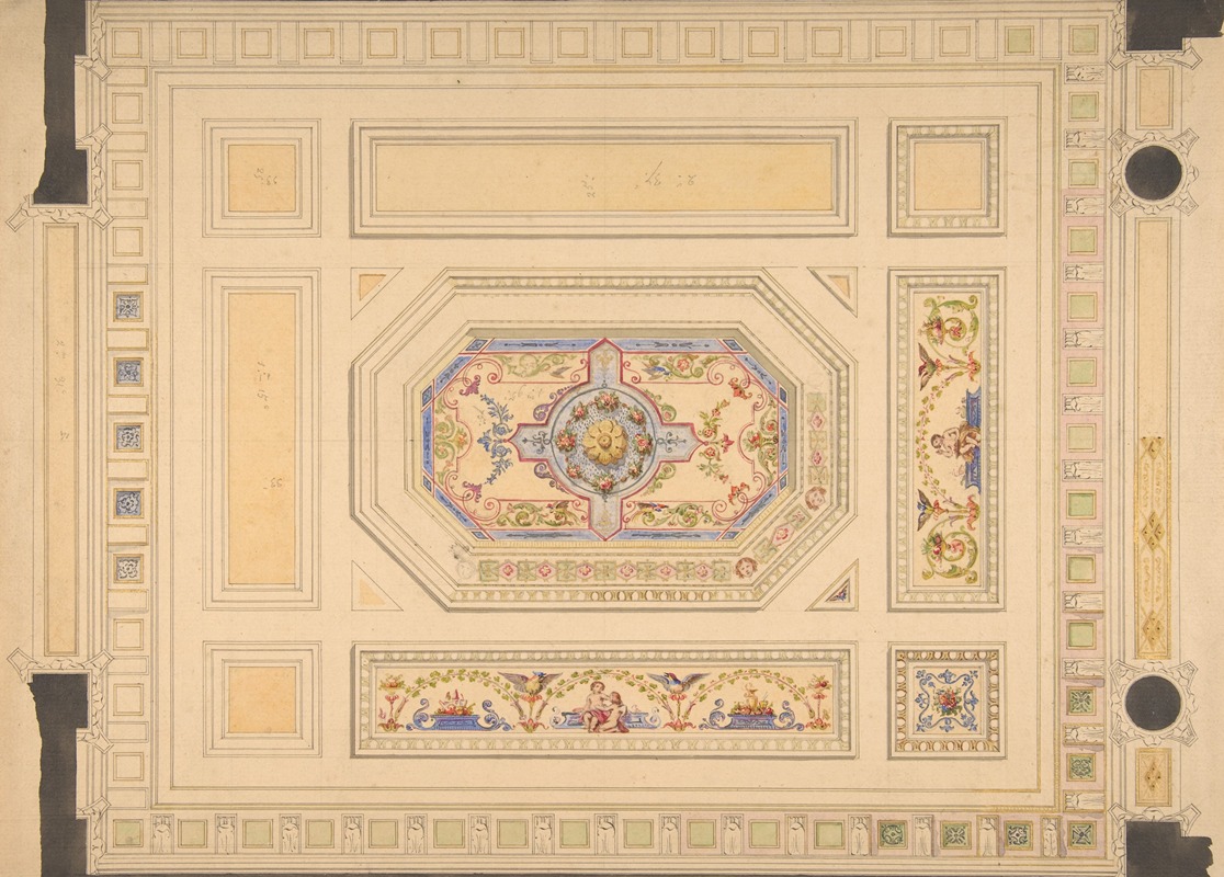 Jules-Edmond-Charles Lachaise - Design for a paneled ceiling painted with putti, birds, and floral motifs
