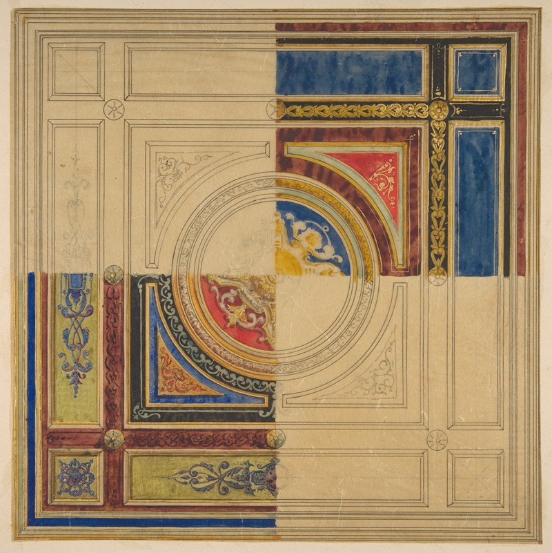 Jules-Edmond-Charles Lachaise - Design for a paneled ceiling with alternative decorations