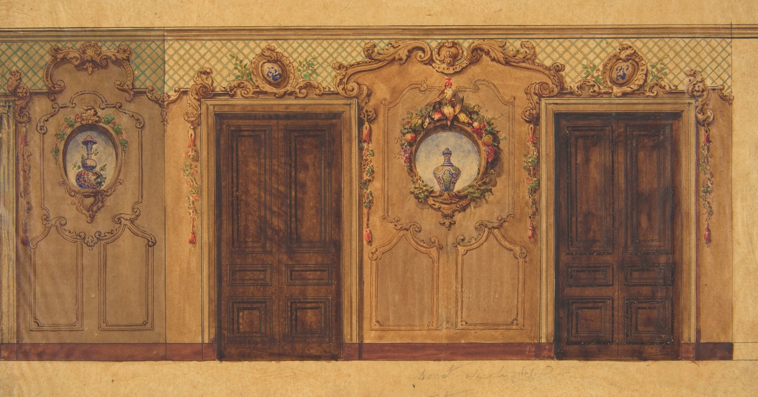 Jules-Edmond-Charles Lachaise - Design for a room with double doors decorated with garlands of fruit and flowers, scrolls, and lattice work