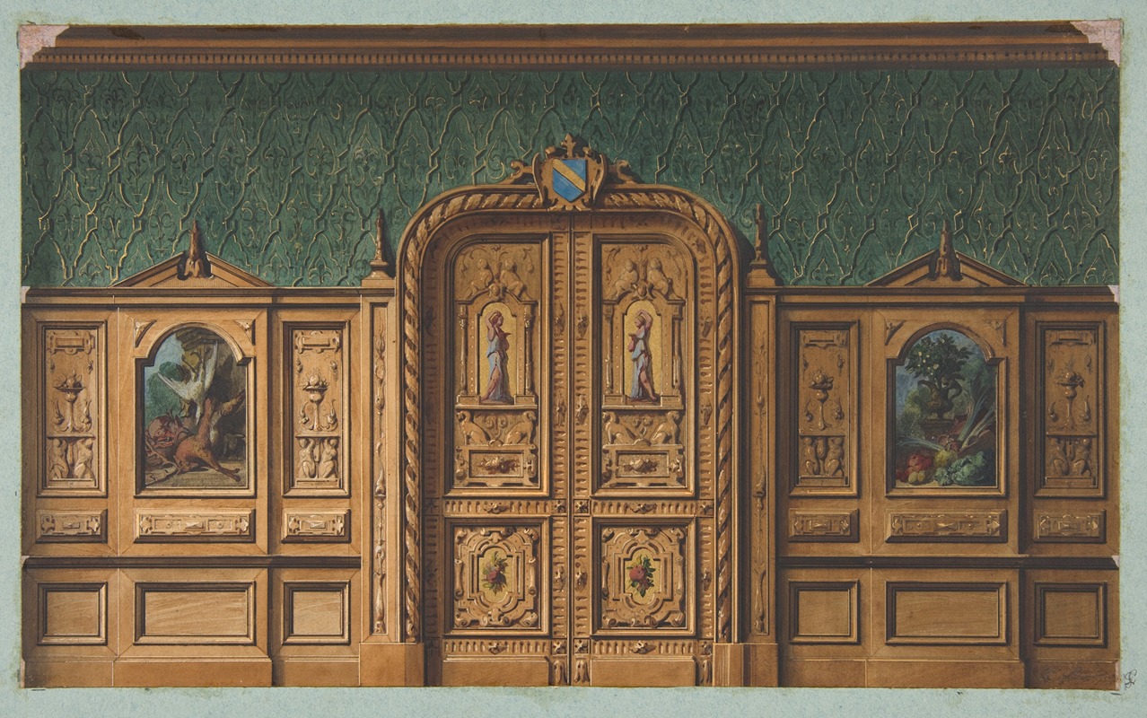Jules-Edmond-Charles Lachaise - Design for a room with wood panels inset with paintings and a heavily-carved double door