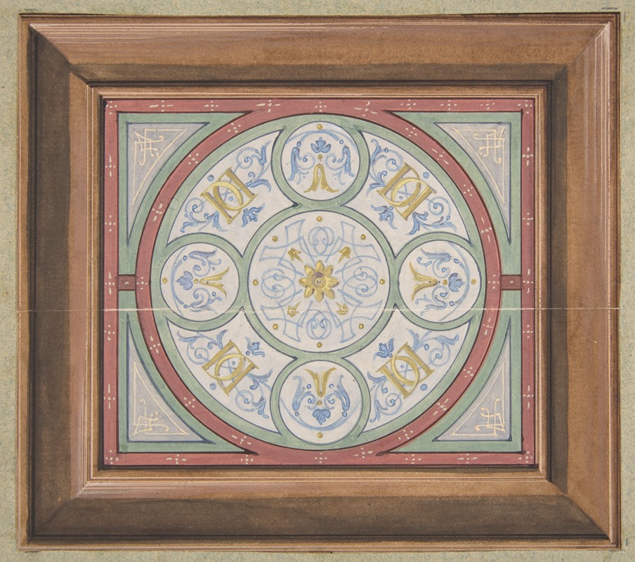 Jules-Edmond-Charles Lachaise - Design for painted decoration of a ceiling incorporating interwined initials; DD