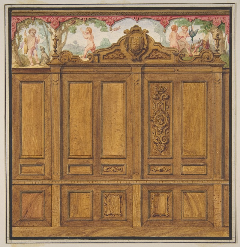 Jules-Edmond-Charles Lachaise - Design for the decoration of a room with a large wood-paneled cupboard surmounted by the monogram; H