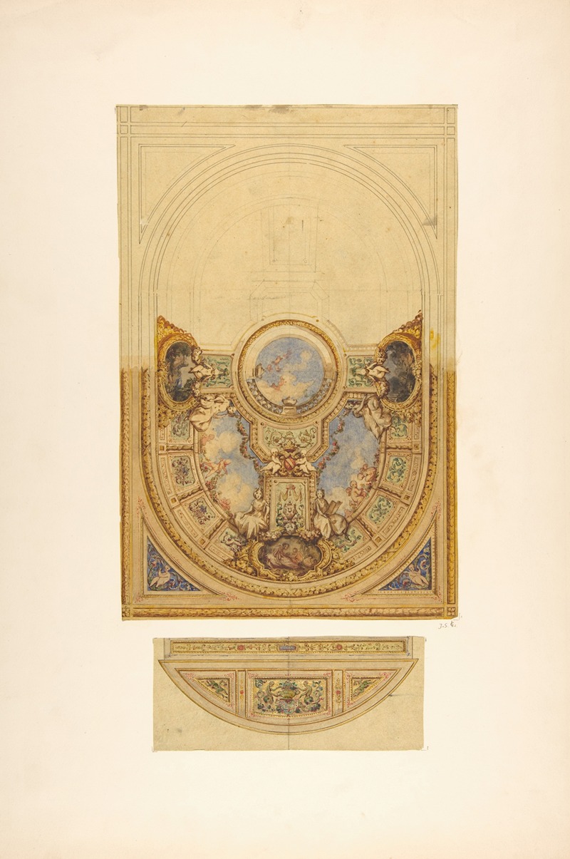 Jules-Edmond-Charles Lachaise - Design for the decoration of an oval ceiling with putti and garlands; with a detail of a lunette