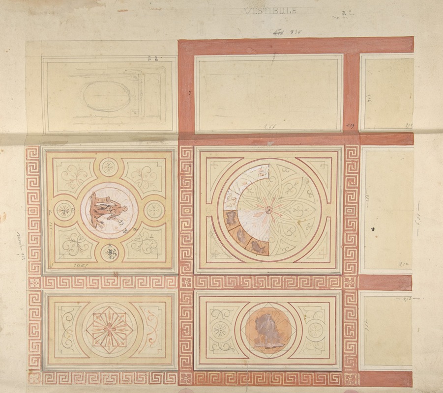 Jules-Edmond-Charles Lachaise - Design for the decoration of the ceiling of a vestibule in painted panels with roman key borders