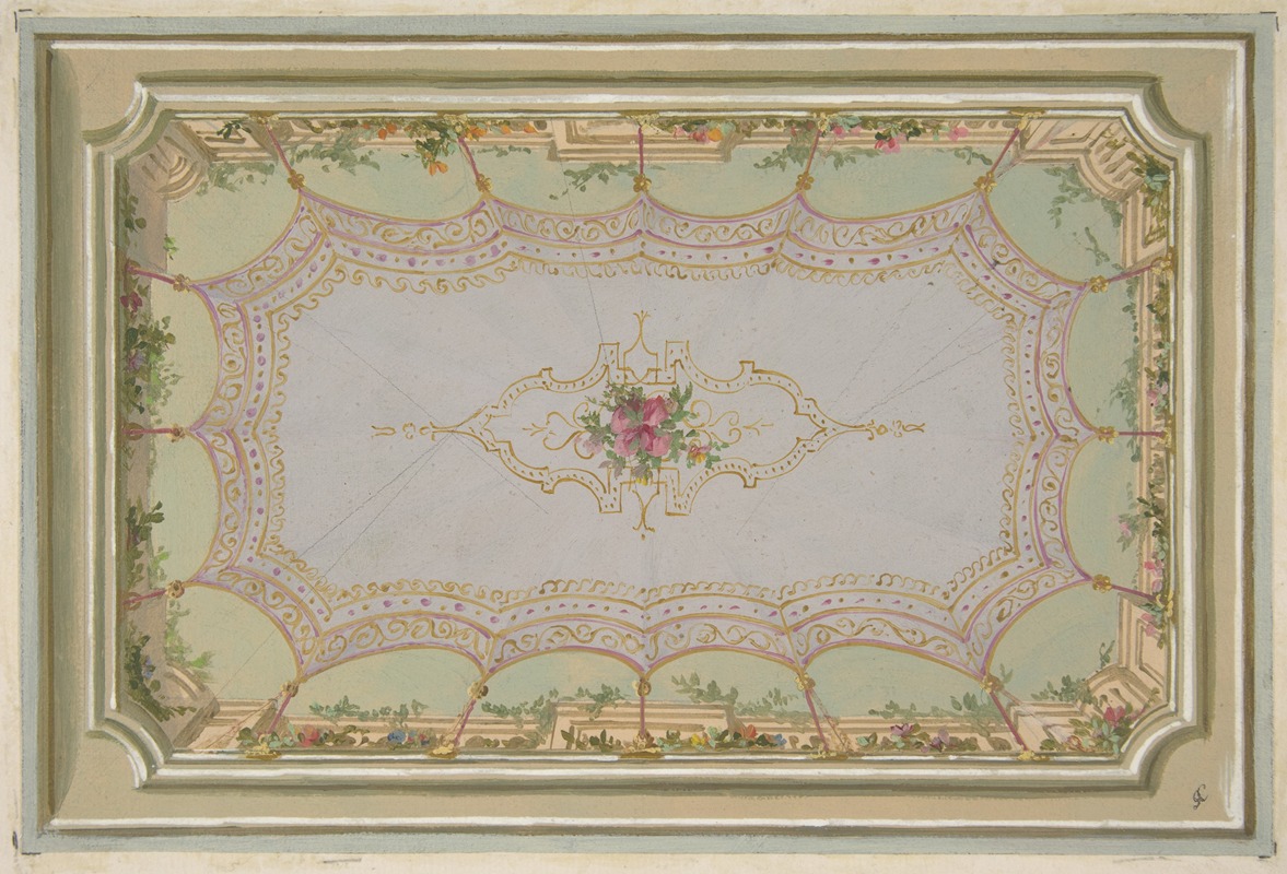 Jules-Edmond-Charles Lachaise - Design for the painted decoration of a ceiling with a trompe l’oeil canopy and roses