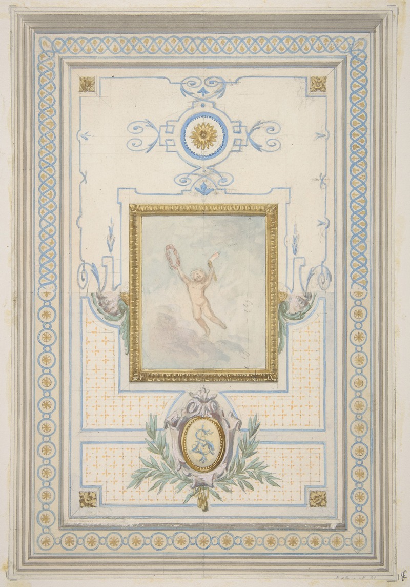 Jules-Edmond-Charles Lachaise - Design for the painted decoration of a ceiling with the monogram; AS