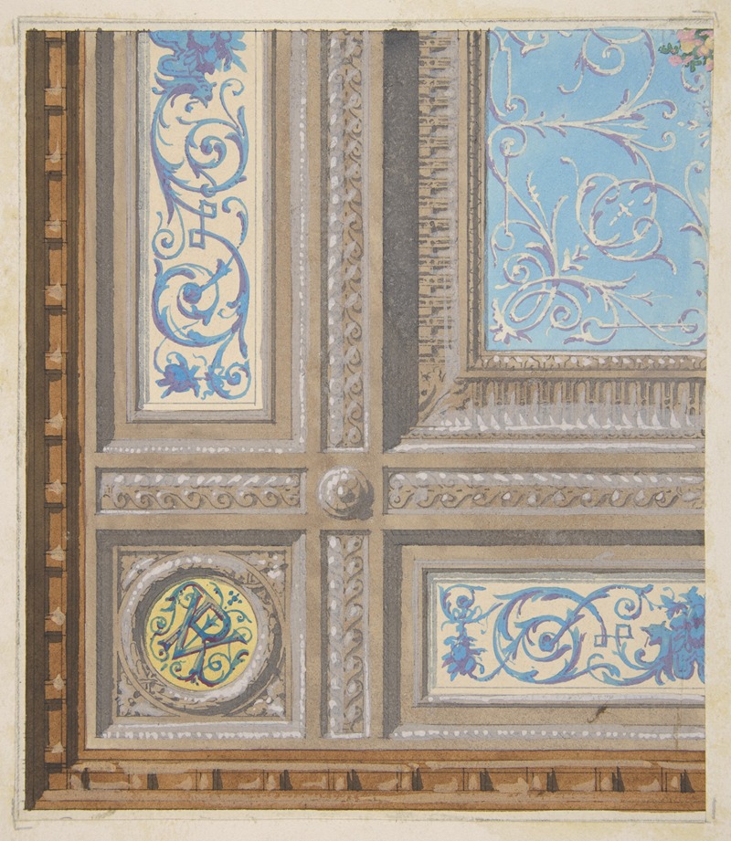 Jules-Edmond-Charles Lachaise - Design for the painted decoration of a coffered ceiling with initials; VR