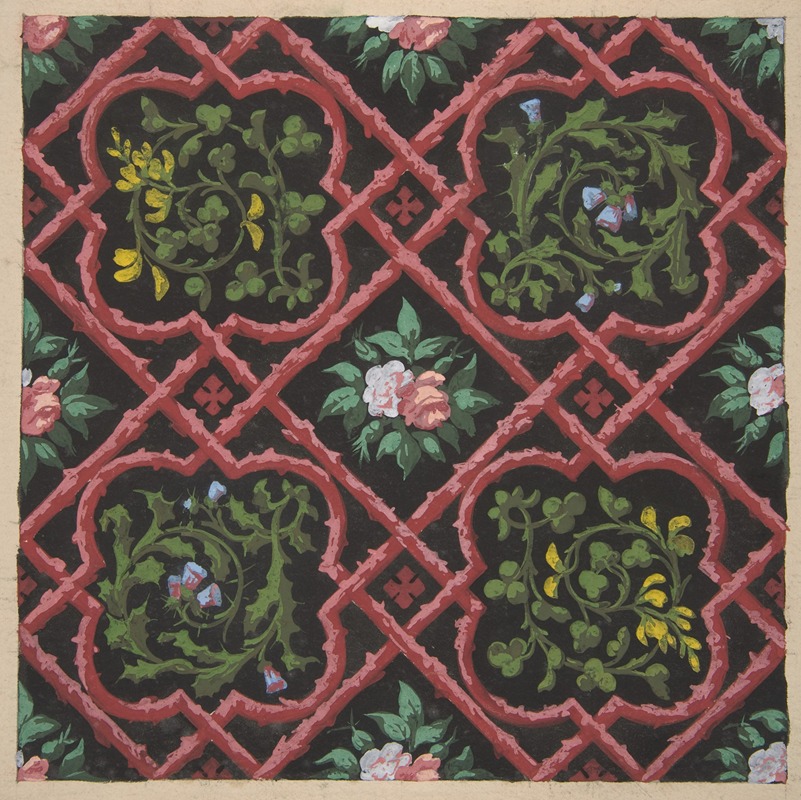 Jules-Edmond-Charles Lachaise - Design for wallpaper featuring flowers and latticework