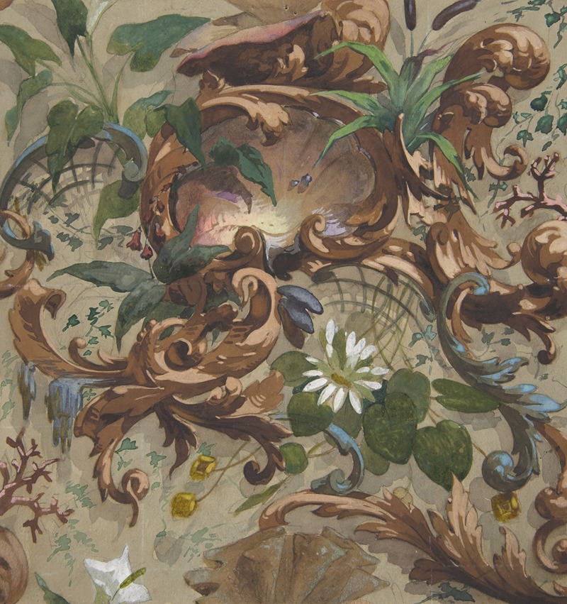 Jules-Edmond-Charles Lachaise - Design for wallpaper featuring shells, waterlilies, and cattails