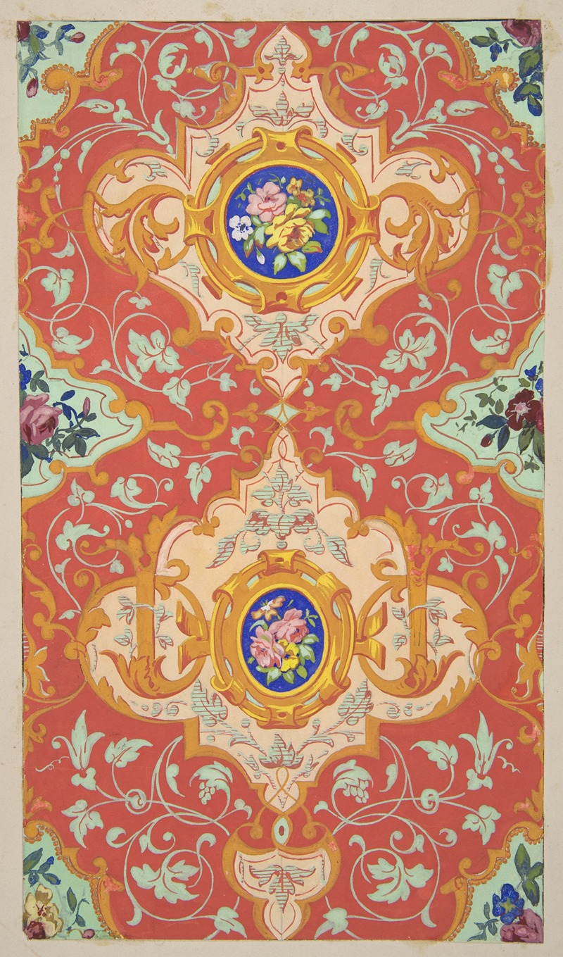 Jules-Edmond-Charles Lachaise - Design for wallpaper featuring strapwork, rinceaux, and cartouches filled with bouquets of roses