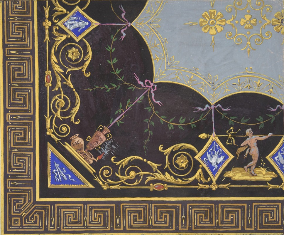 Jules-Edmond-Charles Lachaise - Design for wallpaper with Roman key border, rinceaux, and medallions