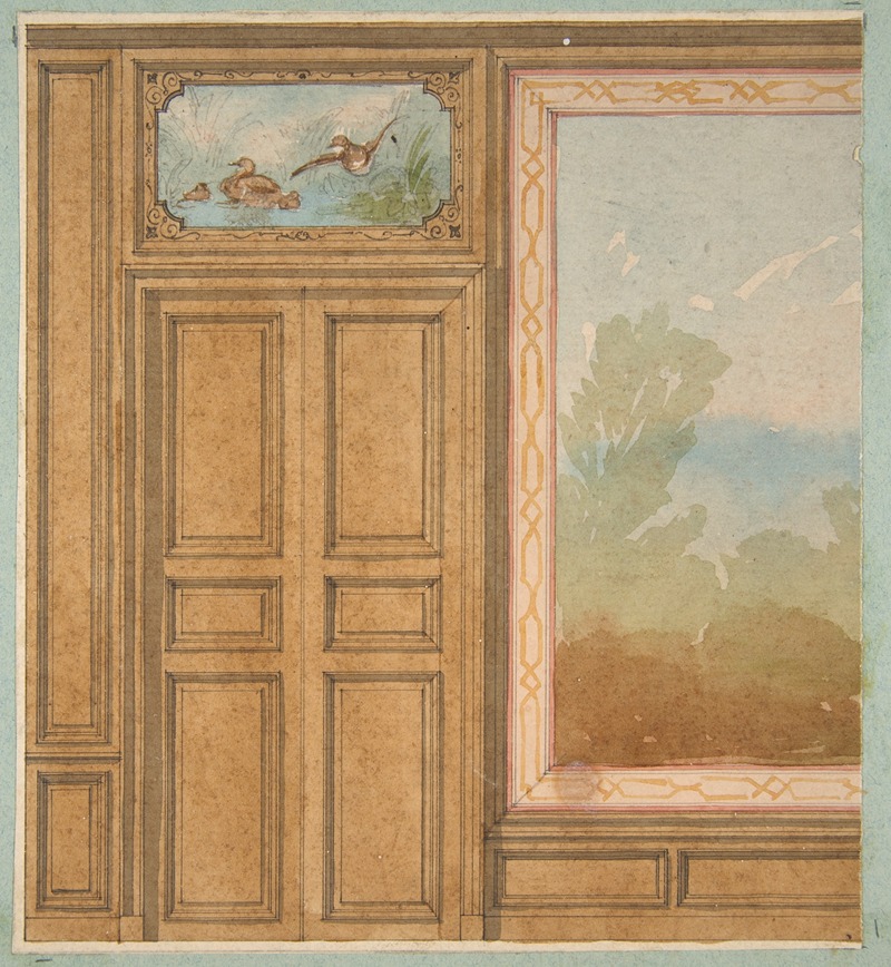 Jules-Edmond-Charles Lachaise - Elevation of a paneled wall with a mural or tapestry and a double doors surmounted by a painting of ducks