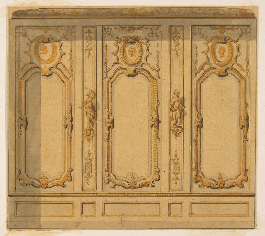 Jules-Edmond-Charles Lachaise - Elevation of an interior showing a wall decorated in ornate panels and mounted statuettes