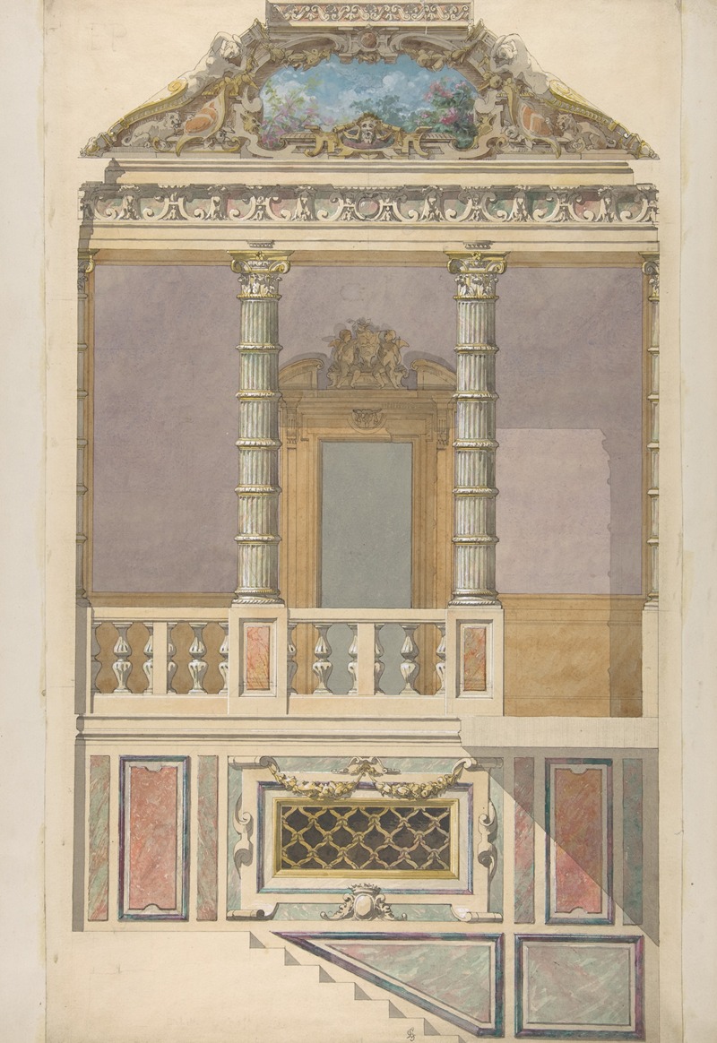 Jules-Edmond-Charles Lachaise - Elevation of an Italianate interior, including steps and an upper loggia decorated in composite columns
