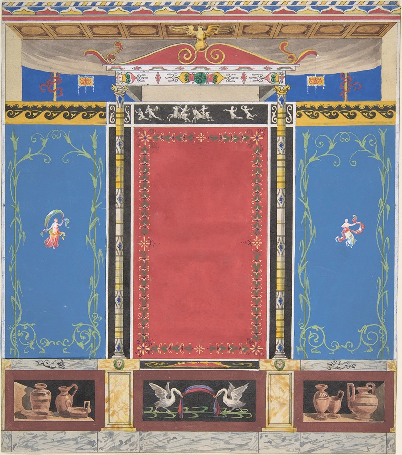 Jules-Edmond-Charles Lachaise - Painted Wall Decor Featuring Thin Column with a Pair of Swans and Trompe L’Oeil Vases at Base