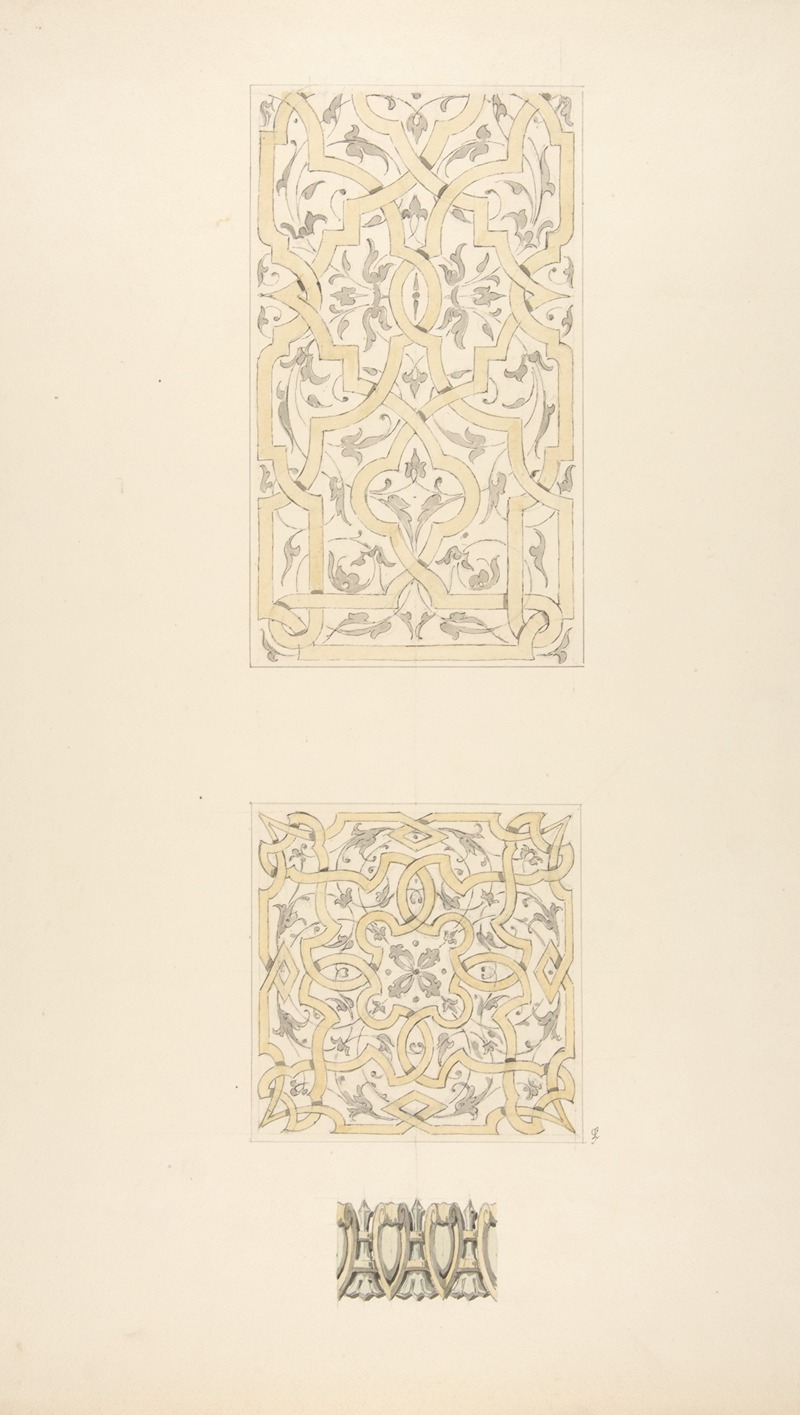 Jules-Edmond-Charles Lachaise - Three designs for decorative motifs in strapwork, rinceaux, and egg-and-dart patterns