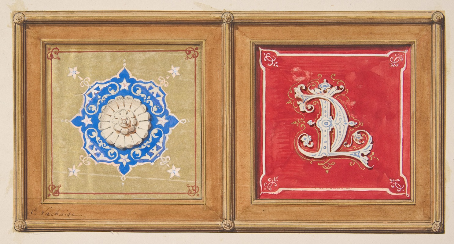 Jules-Edmond-Charles Lachaise - Two alternative designs for the painted decoration of a panel (one with the intertwined initials CL)