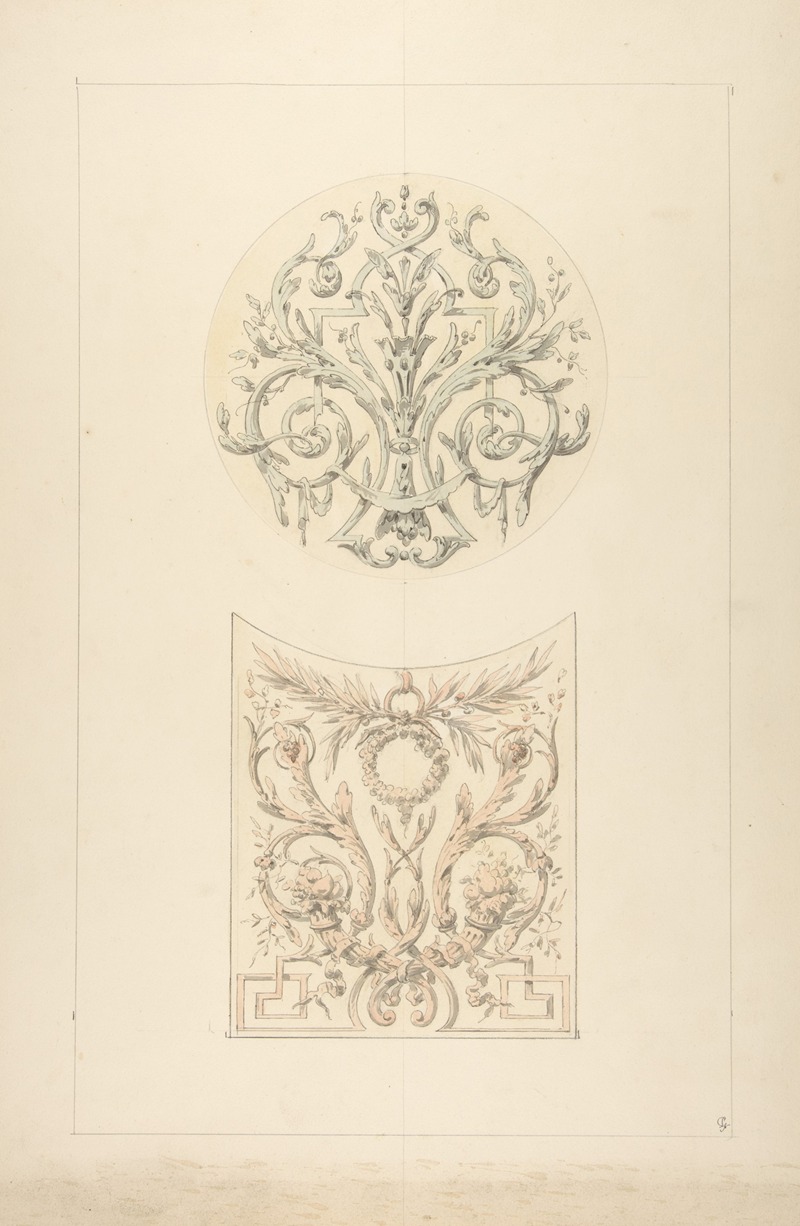 Jules-Edmond-Charles Lachaise - Two designs for decorative motifs featuring cornucopia and rinceaux