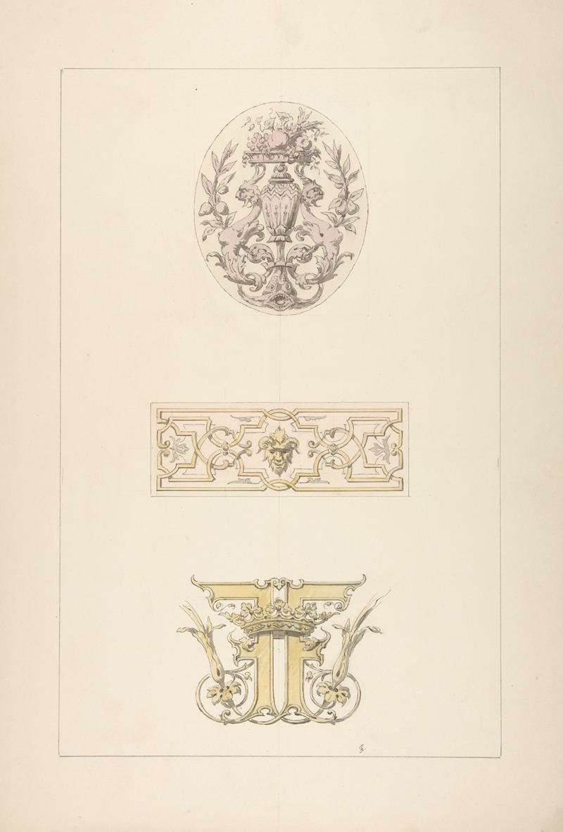 Jules-Edmond-Charles Lachaise - Two designs for decorative panels and one design for an ornamental monogram with a crown and the initials; FF