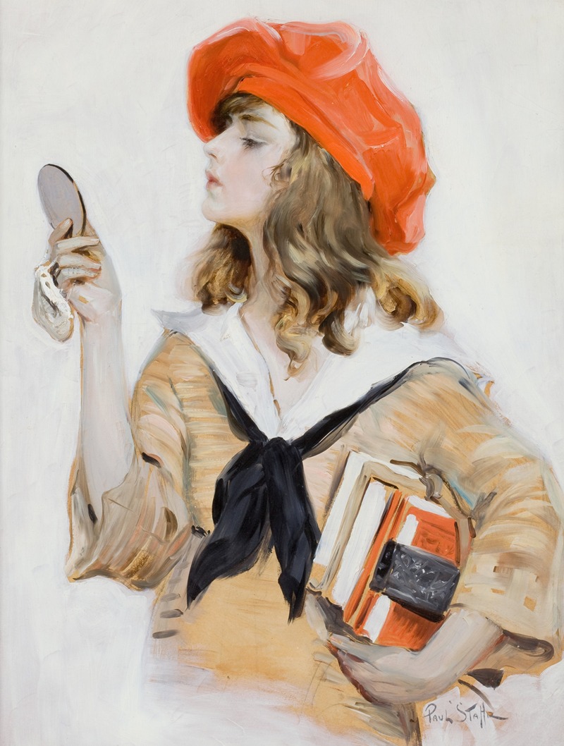 Paul Stahr - Girl in Red Beret Looking into Compact Mirror