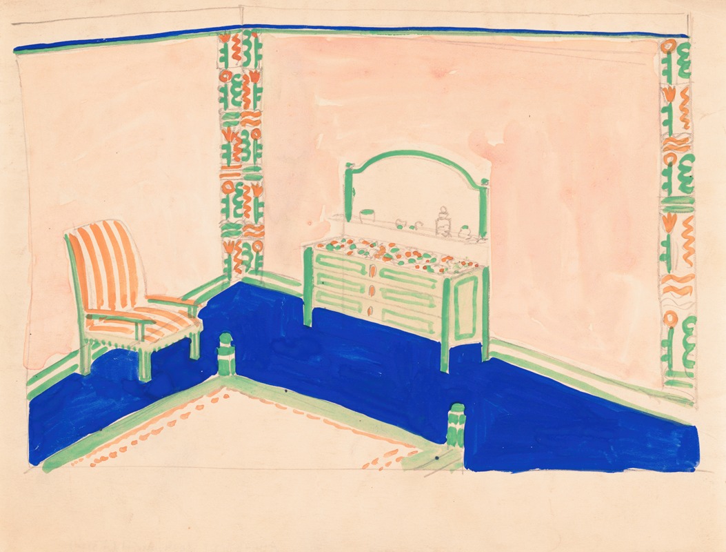 Winold Reiss - [Interior design drawings for unidentified rooms.] [Sketch for room colored green and orange