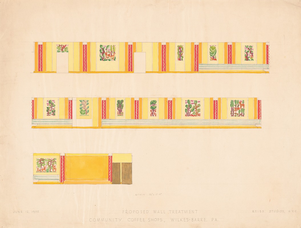 Winold Reiss - Design drawings for Community Coffee Shops, Wilkes-Barre, PA.] [Proposed wall treatment, interior elevation color study with bosky murals