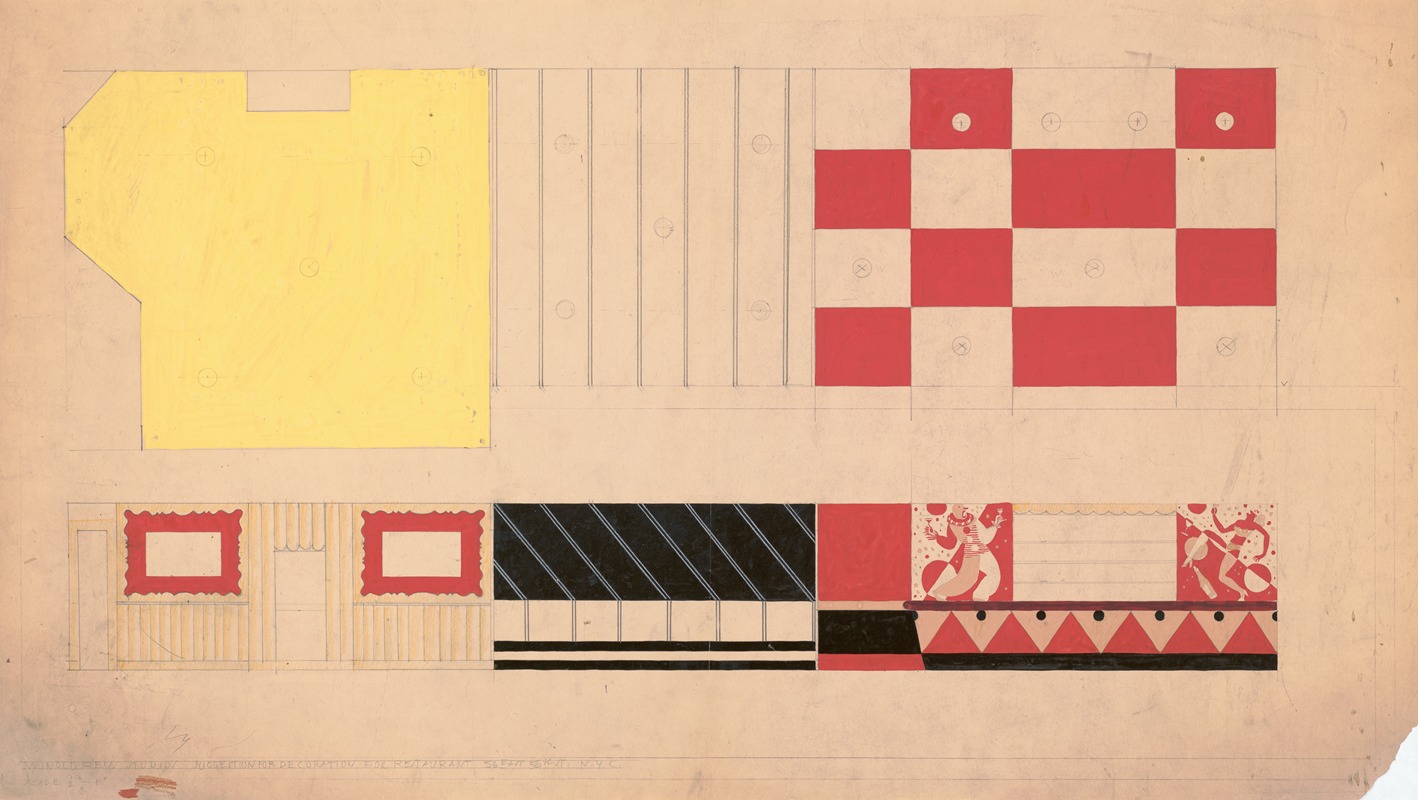 Winold Reiss - Design for dčor of restaurant, 56 East 56th St, New York, NY.] [Drawing of suggested dčor for restaurant with color elevation and murals