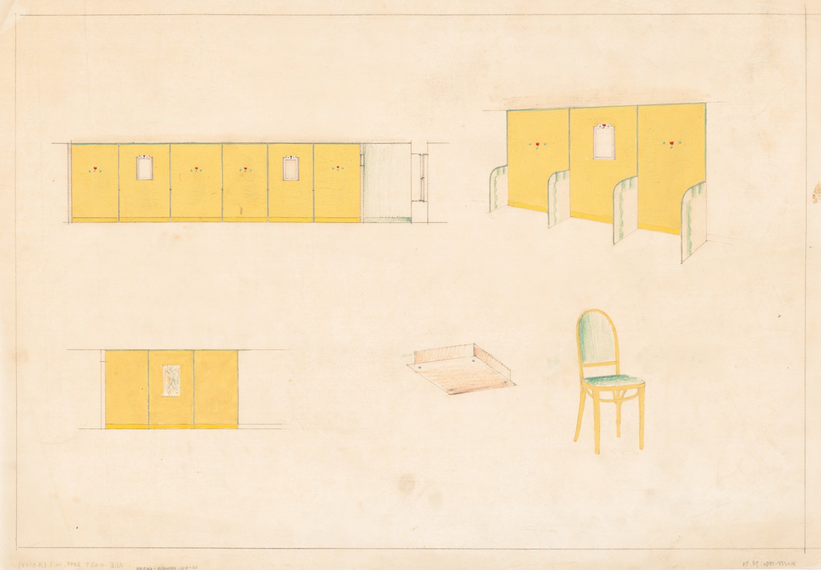 Winold Reiss - Design for unidentified caf ̌with green and yellow trim.] [Design with tulip stencils, upholstered bentwood chair in green and yellow color scheme