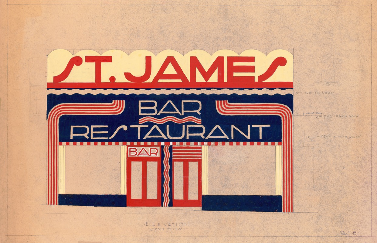 Winold Reiss - Designs and photographs for alterations to St. James Bar Restaurant, W. 181 St. and New York, NY.] [Study of exterior elevation