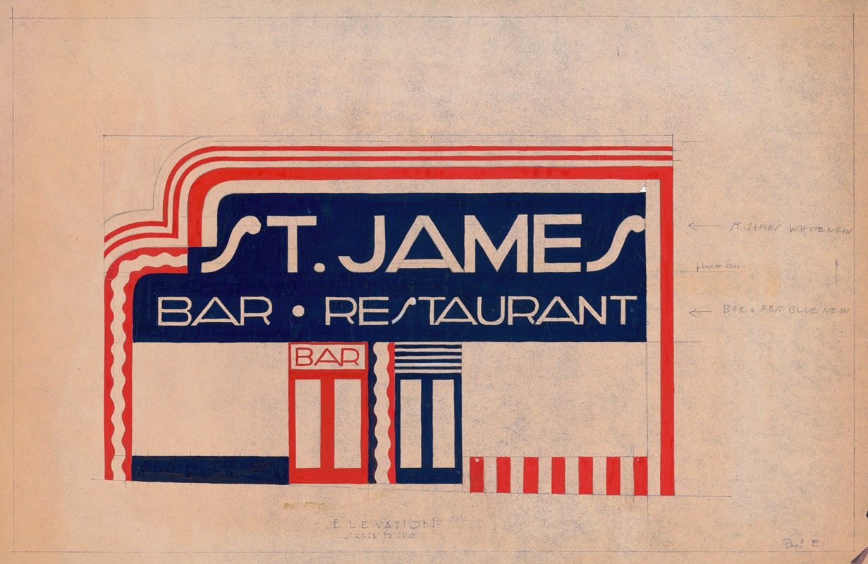 Winold Reiss - Designs and photographs for alterations to St. James Bar Restaurant, W. 181st St. and Broadway, New York, NY.] [Study of exterior elevation
