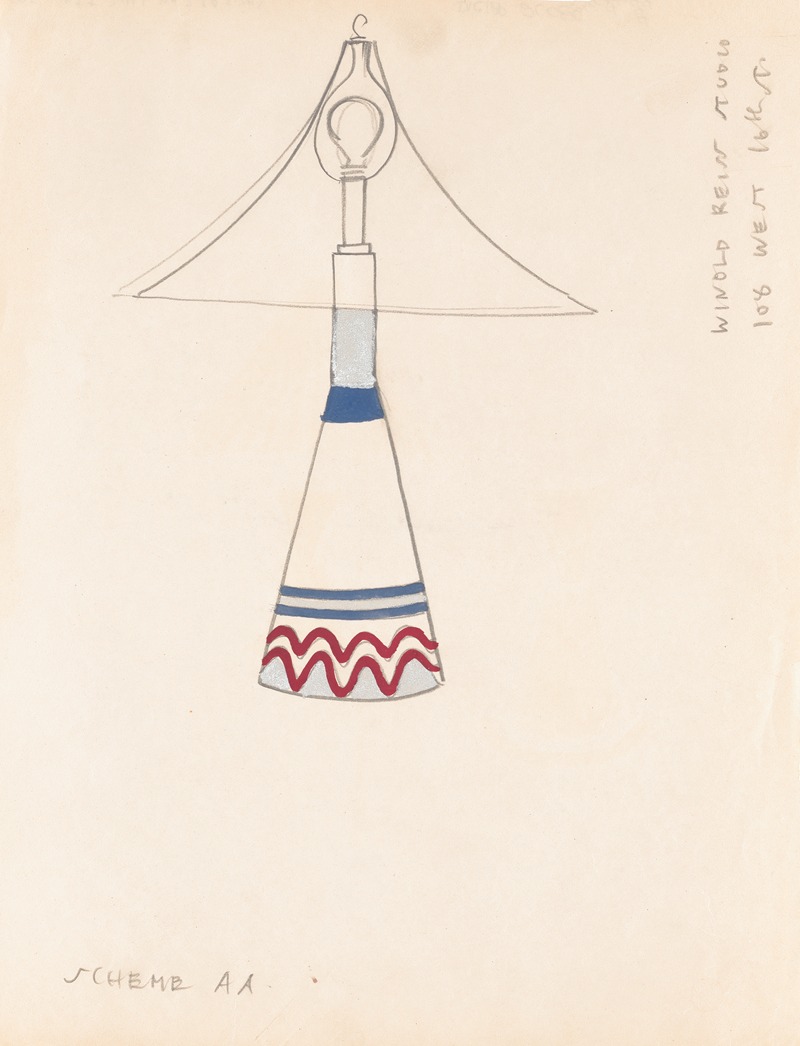 Winold Reiss - Designs for lamps with triangular shades.] [Design with white, red, and metallic silver